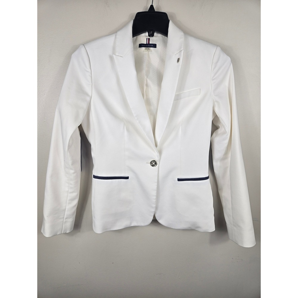 Tommy Hilfiger Womens White Navy Elbow Patch One Button Blazer Jacket Size 4